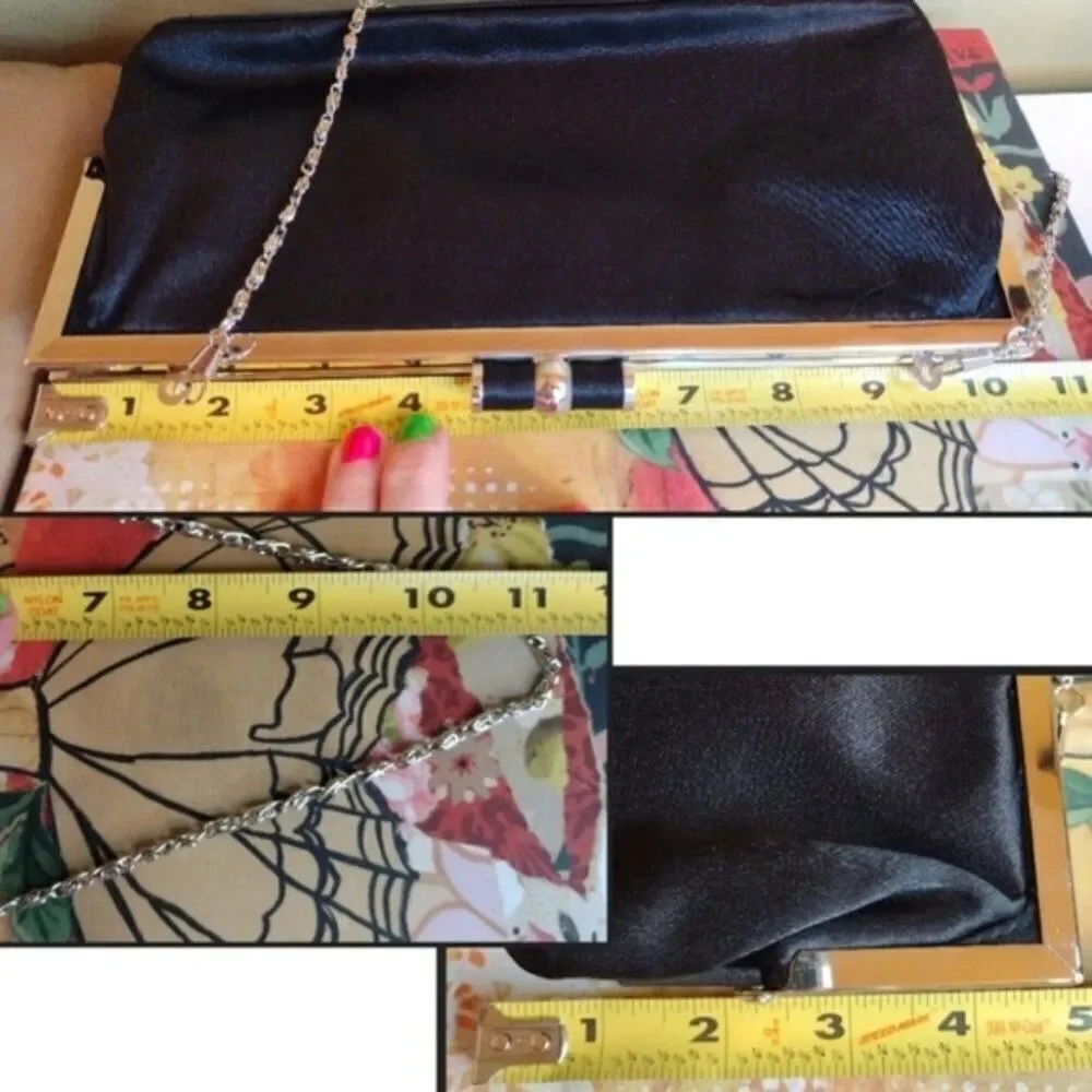 Bijoux Terner VTG Y2K Black‎ Satin Weaved Kisslock Top Evening Clutch with Chain